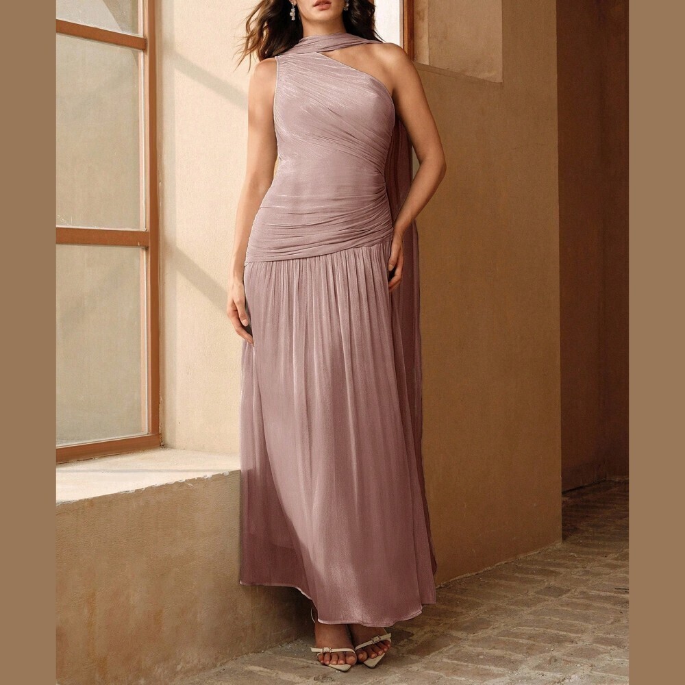 Dusty Pink Asymmetrical Neck Ruched Draped Cape Maxi Dress